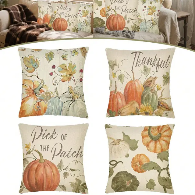 Fall Pillow Covers Set Of 4 Pumpkin Pick Of The Patch Thankful Pattern Autumn Throw Pillow Covers Thanksgiving Watercolour Outdoor Farmhouse Pillow... 4Pcs - Shop at LoveMi