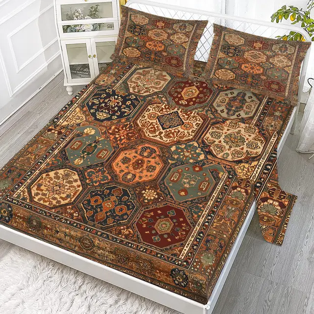 Retro Bohemian Geometric Style Minimalist Comfort Series Bed 1Fitted Sheet 1 Sheet And Two Pillowcases Bedding For All Seasons Use Full - Shop at LoveMi