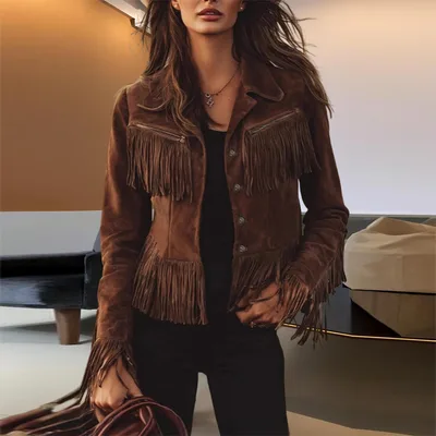 Women's Solid Color Fringe Suede Look Jacket, Western Style Long Sleeve Button Front Coat For Fall & Winter Coffee - Shop at LoveMi