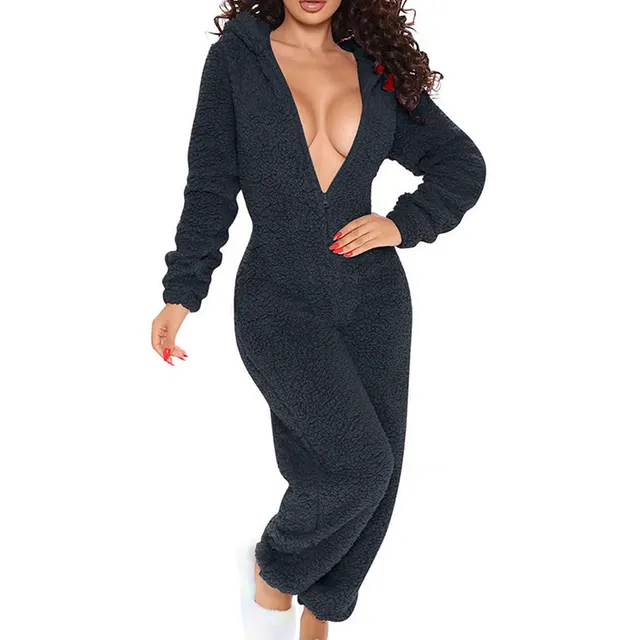 Women's Solid Color Plush Hooded Tracksuit Set Zip Up Long Sleeve Top And Pants For Winter Loungewear Dark Gray - Shop at LoveMi