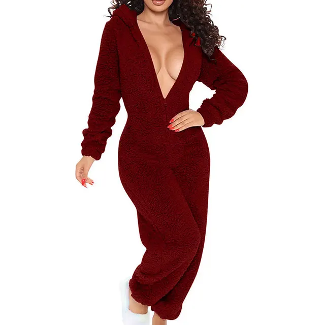 Women's Solid Color Plush Hooded Tracksuit Set Zip Up Long Sleeve Top And Pants For Winter Loungewear Wine Red - Shop at LoveMi