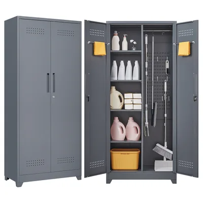 Gray And White Color Metal Lockers, Cleaning Tool Cabinets With Locking Doors, High Broom Tool Storage Cabinets, Adjustable Shelves, Large Cabinets For Kitchens, Offices, Shops. 72.8 Inches Grey - Shop at LoveMi