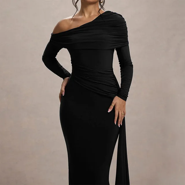 Women's Elegant One Shoulder Ruffle Dress, Long Sleeve Bodycon Gown With Flowing Ribbon For Spring And Fall Black - Shop at LoveMi