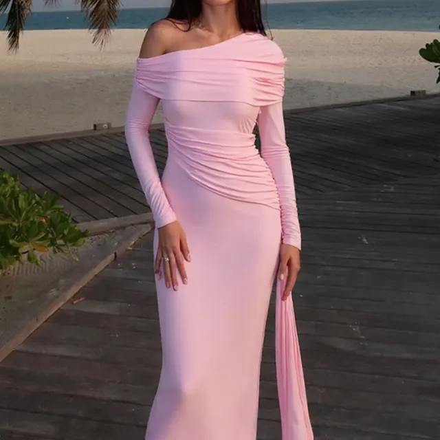 Women's Elegant One Shoulder Ruffle Dress, Long Sleeve Bodycon Gown With Flowing Ribbon For Spring And Fall Pink - Shop at LoveMi