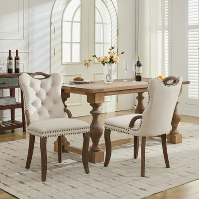 Velvet Dining Chair With Handmade Tufted Trim, Solid Wood Handles On Top And Sides, Vintage Copper Nail Decoration, Curved Solid Wood Legs, Elegant... Beige - Shop at LoveMi