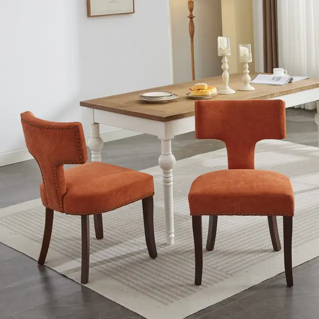 Mid Century Modern Dining Chairs Set Of 2, Farmhouse Linen Fabric Upholstered Accent Chair Curved Backrest With Copper Nails Around,Kitchen Chairs ... Orange - Shop at LoveMi