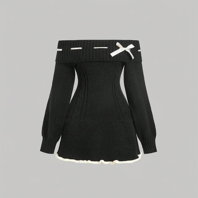 Women's Black Off Shoulder Knit Dress, Long Sleeve Mini Dress With Lace Trim For Spring & Fall Black - Shop at LoveMi