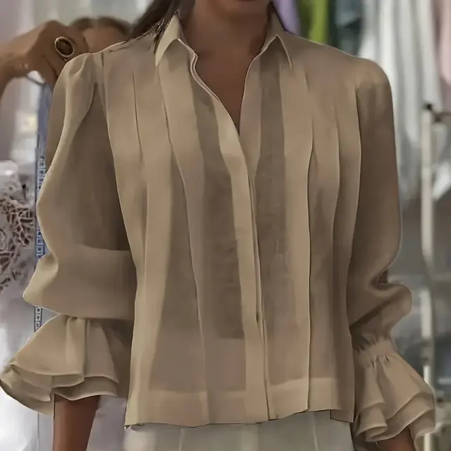 Women's Loose Ruffle Flare Sleeve Blouse, Notch Lapel Button Down Shirt For Spring And Fall Office Wear Khaki - Shop at LoveMi