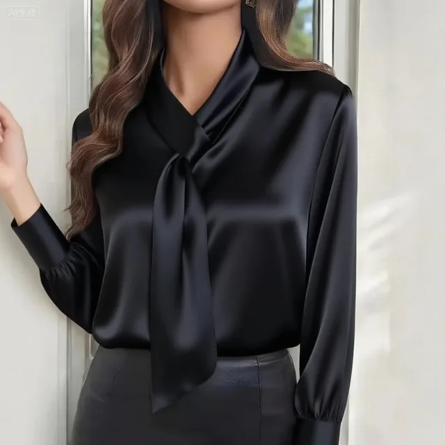 Women's Ribbon Detail Blouse, Lightweight Business Casual Shirt, Elegant Long Sleeve Office Work Top Black - Shop at LoveMi