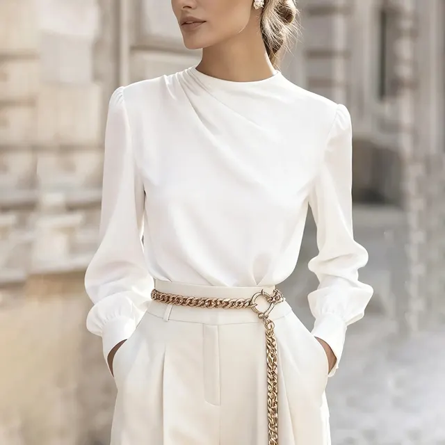 Women's Pleated Long Sleeve Blouse, Round Neck Business Casual Shirt, Dressy Fall Work Tops White - Shop at LoveMi