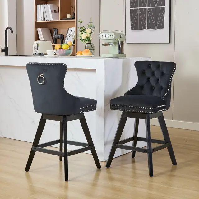 Swivel Velvet Barstools With Button Tufted Decoration And Wooden Legs, And Chrome Nailhead Trim, Leisure Style Bar Chairs,Bar Stools, Set Of 2 Blac... Black - Shop at LoveMi