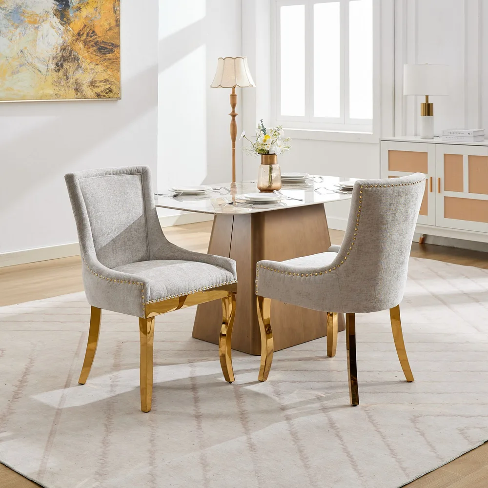 Chenille Dining Chairs, Modern Style With Curved Gold Plated Legs Rivet Trim, Upholstered Comfort For Dining Lounge, Accent Seating With Textured... Beige - Shop at LoveMi