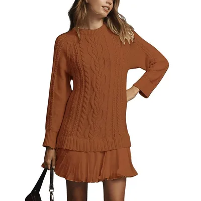 Women's Solid Color Cable Knit Sweater With Lace Hem, Round Neck Long Sleeve Top For Autumn And Winter Brown - Shop at LoveMi