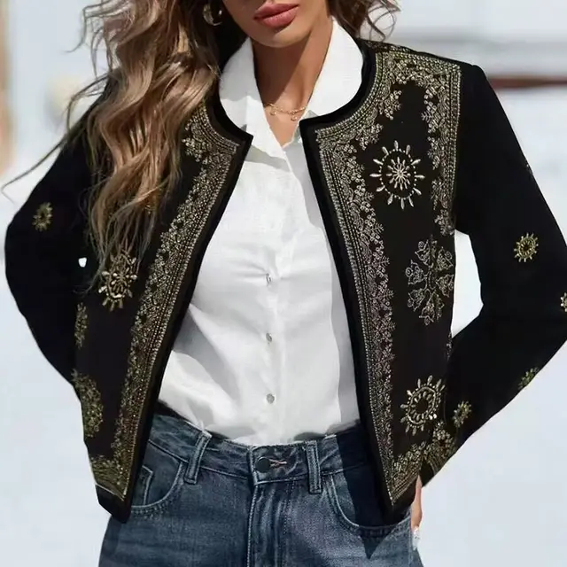 Women's Geometric Print Cardigan, Long Sleeve Open Front Knit Coat For Spring And Fall Semi Formal Wear Black - Shop at LoveMi
