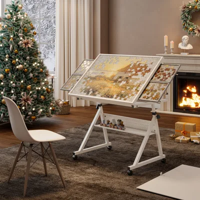 Jigsaw Puzzle Metal Table Board For Adults Gift With 4 Trays White White Gray - Shop at LoveMi