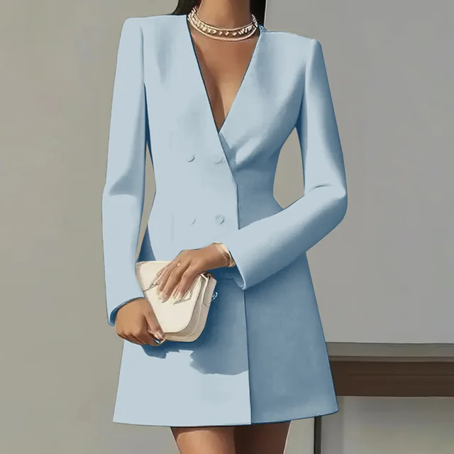 Women's Solid Color Deep V Neck Dress Button Front A Line Midi Dress For Formal Occasions Blue - Shop at LoveMi