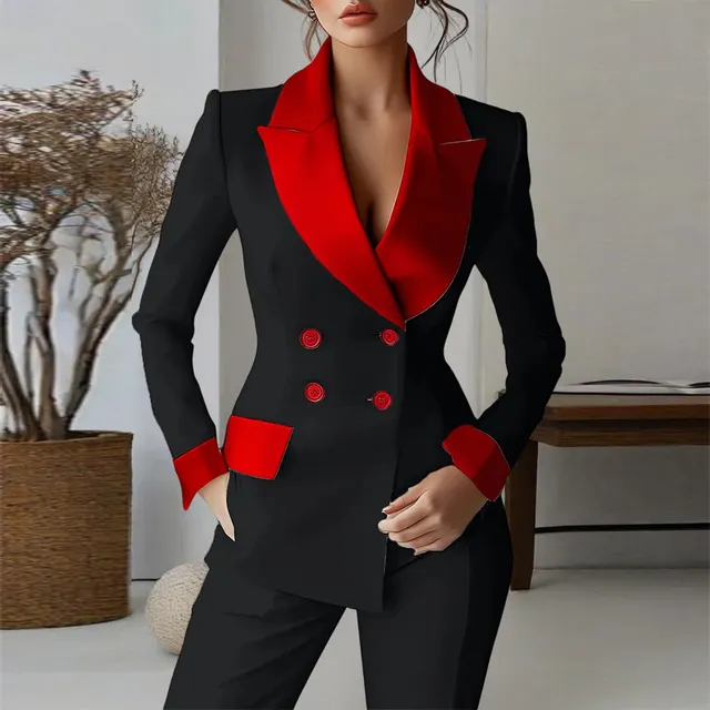 Women's Classic Notch Lapel Blazer, Double Breasted Long Sleeve Jacket With Color Block Waist Definition Black - Shop at LoveMi