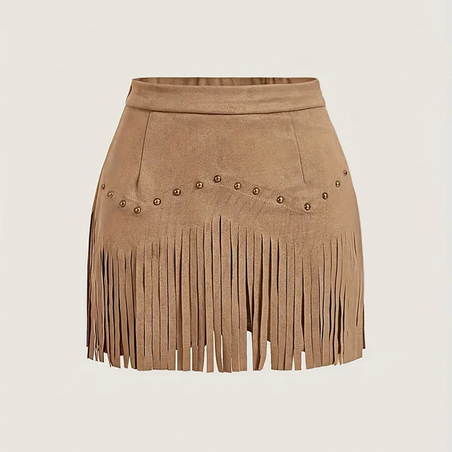 Women's Solid Color Fringe Mini Skirt, Western Style A Line Denim Skirt With Decorative Buttons For Spring And Summer Camel Color - Shop at LoveMi