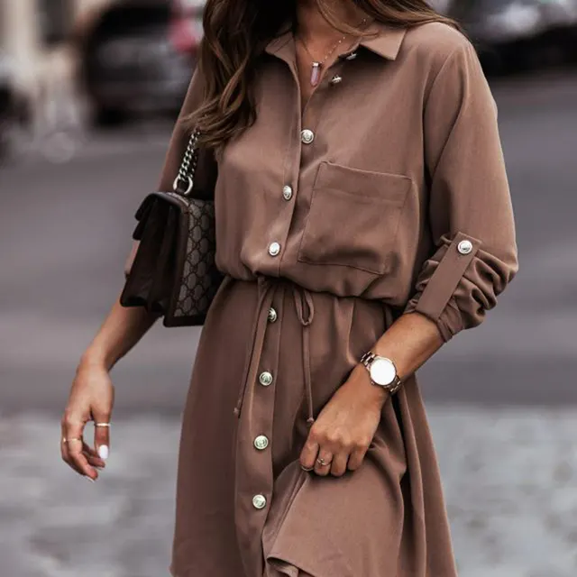 Women's Elegant Lapel Belted Shirt Dress, Long Sleeve Button Down Tunic With Tie Waist For Autumn And Winter Coffee - Shop at LoveMi