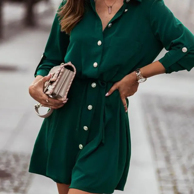Women's Elegant Lapel Belted Shirt Dress, Long Sleeve Button Down Tunic With Tie Waist For Autumn And Winter Green - Shop at LoveMi