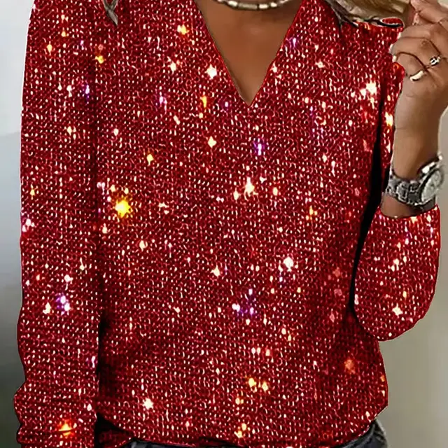Plus Size Women's V Neck Sparkle Top Long Sleeve Glitter Blouse For Office And Casual Wear Red - Shop at LoveMi