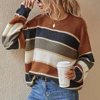 Women's Striped Color Block Sweater, Cute Crewneck Pullover Top, Fall Winter Fashion Knitwear Dark Brown - Shop at LoveMi