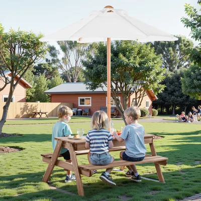 Picnic Table Wooden Tables And Bench Set With Umbrella Garden Indoor Outdoor Natural - Shop at LoveMi