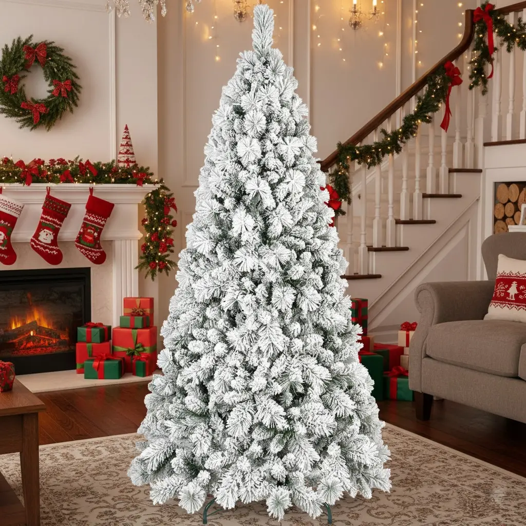 4FT Flocked Christmas Tree With 350 Tips Artificial Plant Snowy PVC Branches Stable Metal Stand Easy Setup Holiday Decor - Green And White
