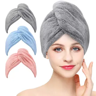 Women Microfiber Hair Towel Wrap Ultra Absorbent Hair Turbans For Curly, Long & Thick Hair Blue,Grey,Pink - W13535471