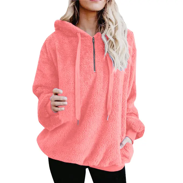 Long sleeved Zip up Hooded Women's Fleece Sweater Jacket Shrimp Powder - Shop at LoveMi
