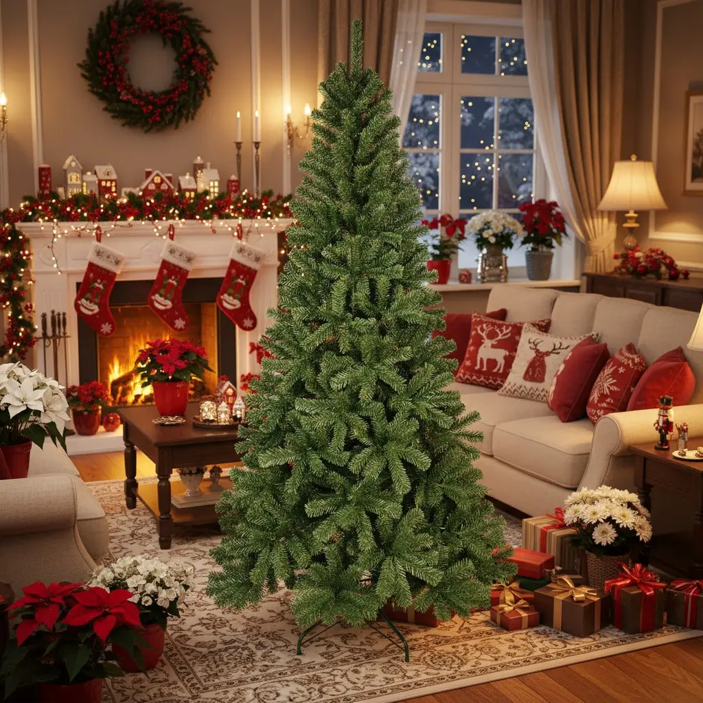 7FT Christmas Tree With 774 PVC Tips Hinged Metal Stand Natural Green Artificial Plant Holiday Decor For Office Apartment Party Use - Green