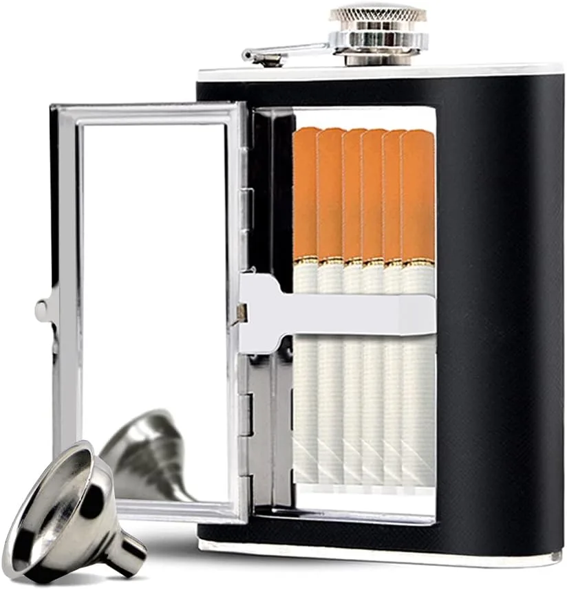 Stainless Steel Flask, Leak proof Pocket Hidden Flasks With Built in Cigarette Case And Leather Wrapped Cover, Black Hip Flask And Mini Funnel Set ... Cb24151 - Shop at LoveMi