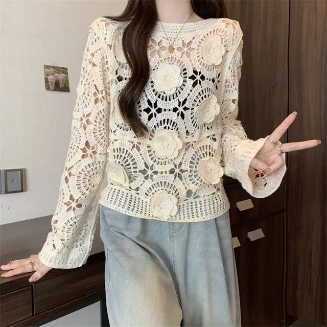Women's 3D Crochet Lace Blouse Embroidered See Through Knit Top With Round Neck Long Sleeves Apricot - Shop at LoveMi