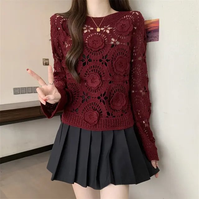 Women's 3D Crochet Lace Blouse Embroidered See Through Knit Top With Round Neck Long Sleeves Red - Shop at LoveMi