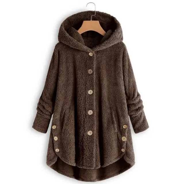 Plus Size Women's Vintage Sherpa Hooded Cardigan Plush Lined Button Up Jacket For Autumn And Winter Coffee - Shop at LoveMi