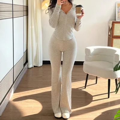 Women's Solid Color 2 Piece Set Hooded Belted Jacket With Pockets & Flare Leg Pant Suit For Spring And Fall Apricot - Shop at LoveMi