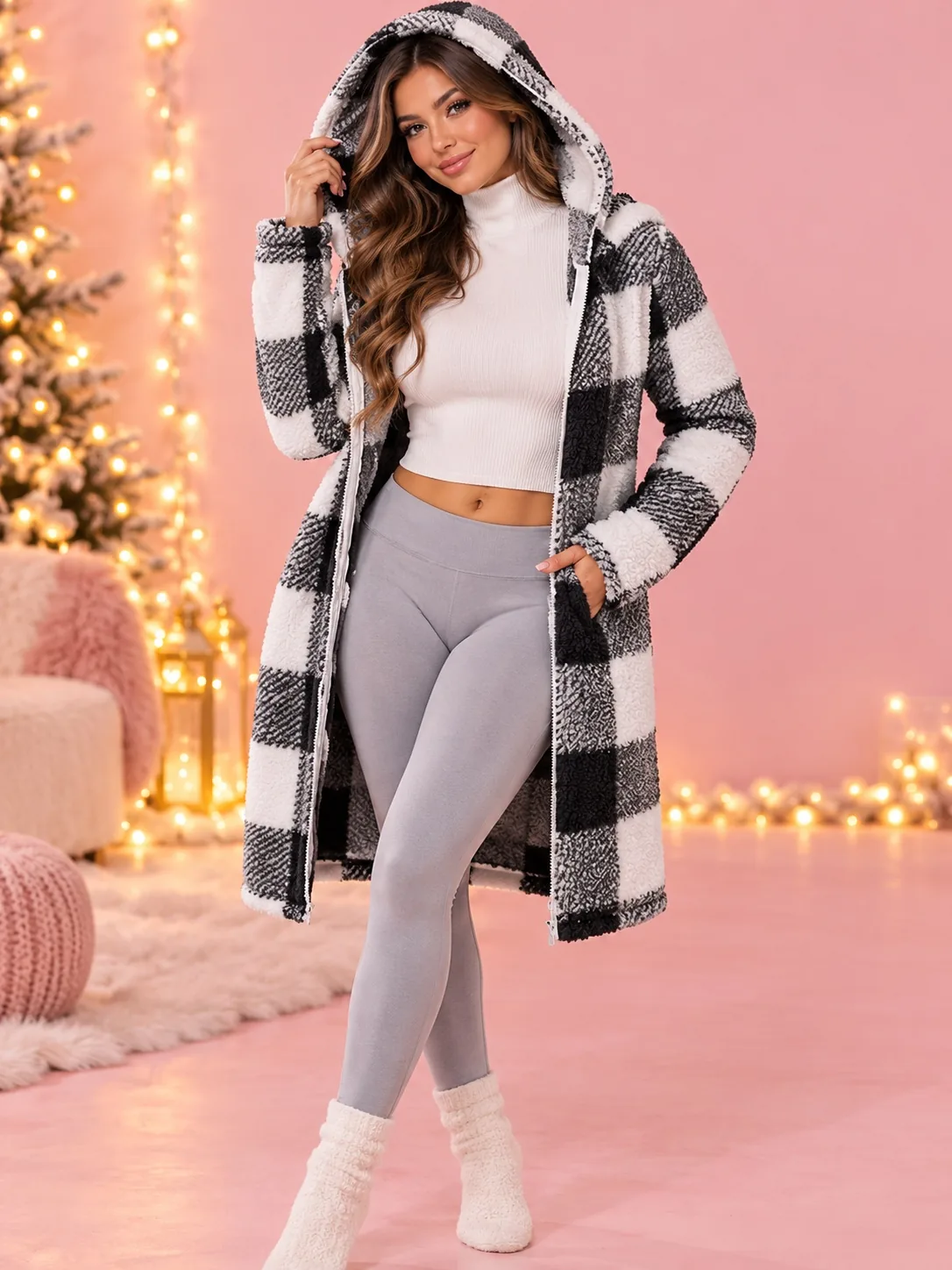 Women's Long Sleeve Plaid Long Hooded Sherpa Coat, Soft Fleece Lined Jacket With Pockets For Winter - Black - View 1