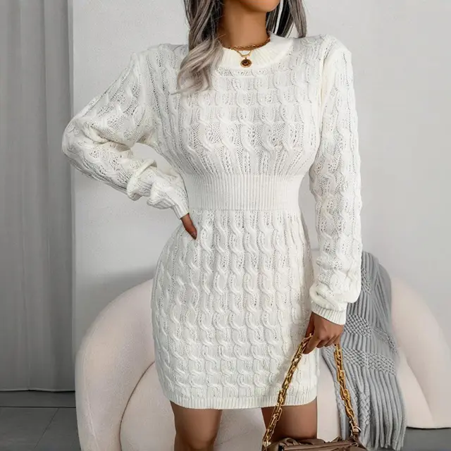 Women's Bodycon Pullover Mini Sweater Dress Cozy Crew Neck Long Sleeve Dress For Fall Wintert White - Shop at LoveMi