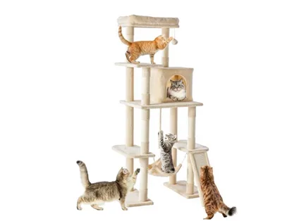 63 inch Cat Tree Tower, Large Multi story Cat Climbing Tower, Natural Sisal Grabber Posts, Extended Platform, Hammock Beige - Shop at LoveMi