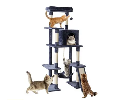 63 inch Cat Tree Tower, Large Multi story Cat Climbing Tower, Natural Sisal Grabber Posts, Extended Platform, Hammock Dark Grey - Shop at LoveMi