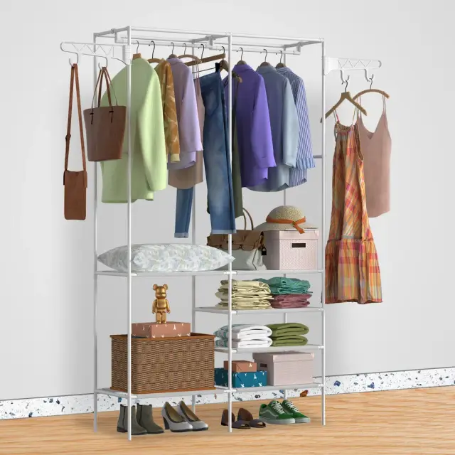 Metal Garment Rack Shoe Clothing Organizer Shelves Freestanding Multifunctional Clothes Wardrobe White - Shop at LoveMi