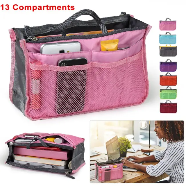 Women Lady Travel Insert Handbag Organiser Makeup Bags Toiletry Purse Liner W/Hand Strap Pink - Shop at LoveMi