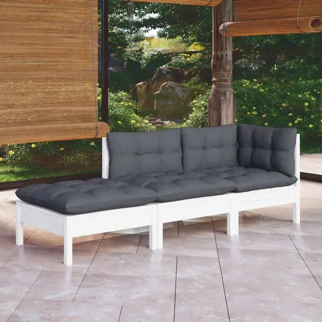 3 piece garden lounge set with cushions, solid pine wood White - Shop at LoveMi