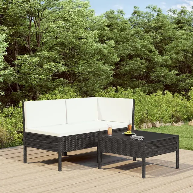 3 piece garden lounge set with cushions, poly rattan Black And White - Shop at LoveMi