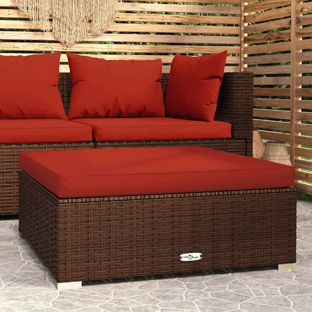 Garden Stool with Cushion 70x Poly Rattan Brown And Cinnamon Red - Shop at LoveMi