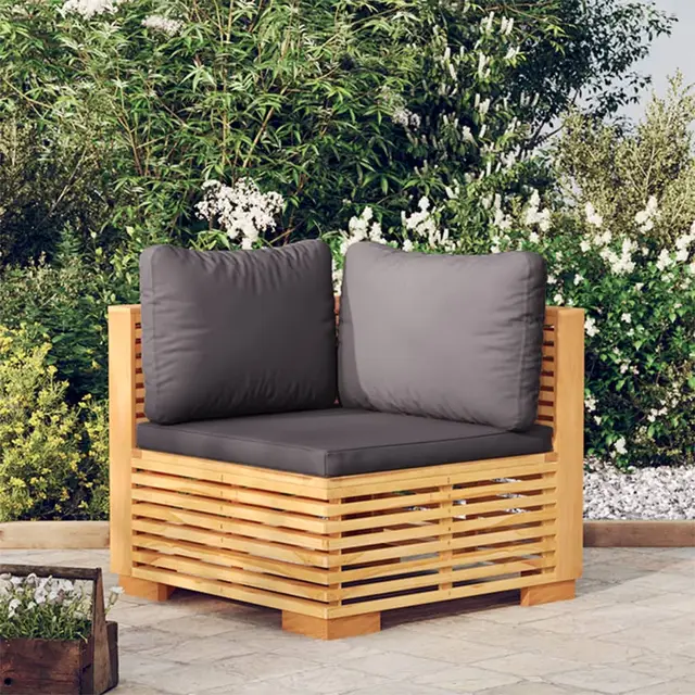 Garden Corner Sofa with Dark Grey Cushions, Solid Teak Wood Dark Grey - Shop at LoveMi