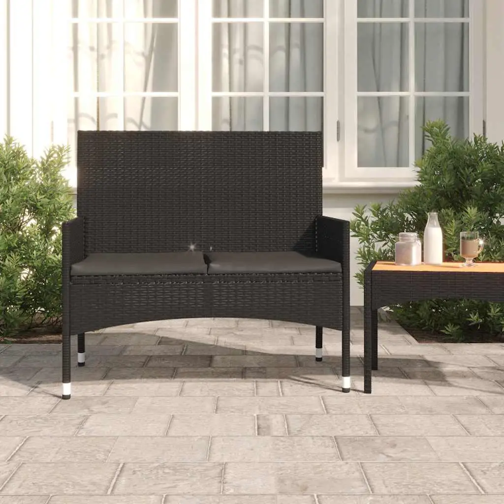 2-seater garden bench with cushions, poly rattan - Black
