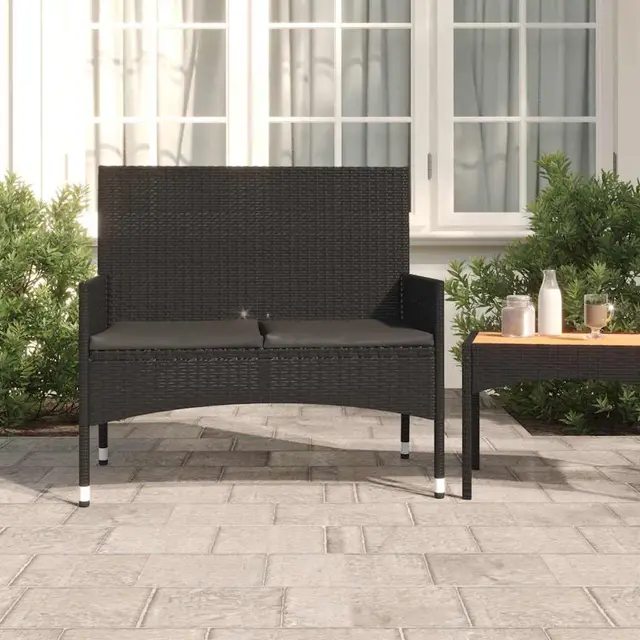 2 seater garden bench with cushions, poly rattan Black - Shop at LoveMi
