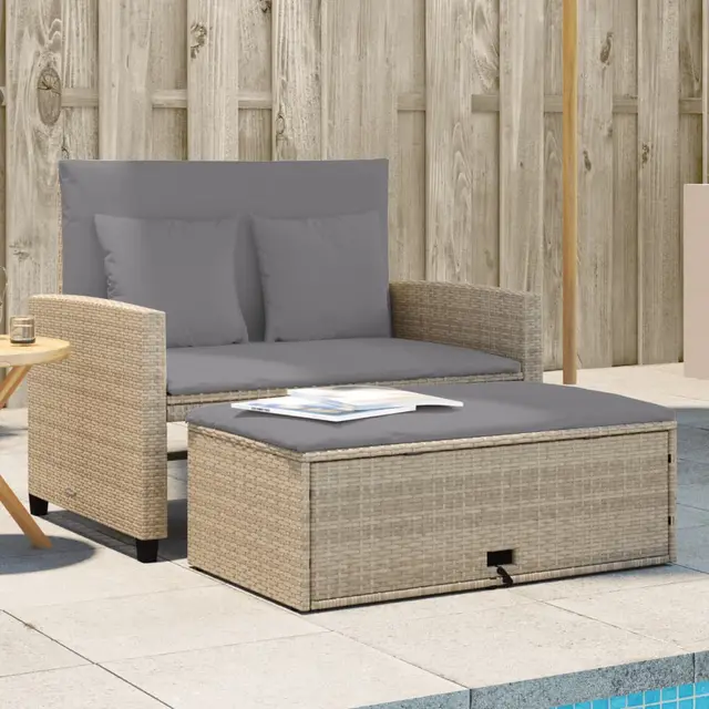 Garden Sofa with Cushions 2 Seater Poly Rattan Beige And Grey - Shop at LoveMi