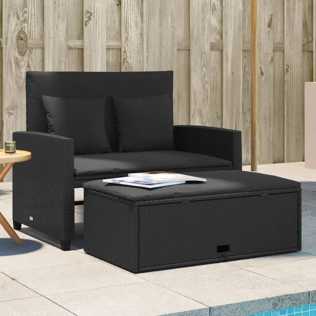 Garden Sofa with Cushions 2 Seater Poly Rattan Black - Shop at LoveMi